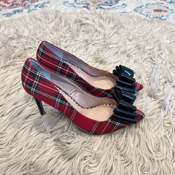 Betsey Johnson Red Plaid Heels with Black Bow - Picture 1 of 7